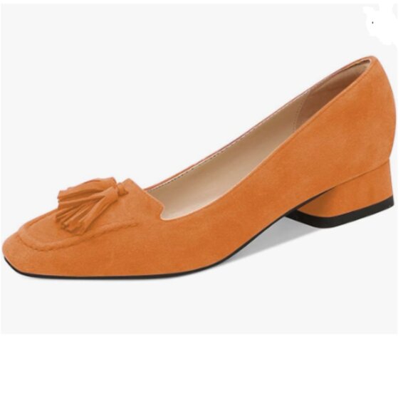 YDN Orange Block Low Heel Loafer Square Toe Tassel Fringe Pump Slip On Shoes - Picture 1 of 8